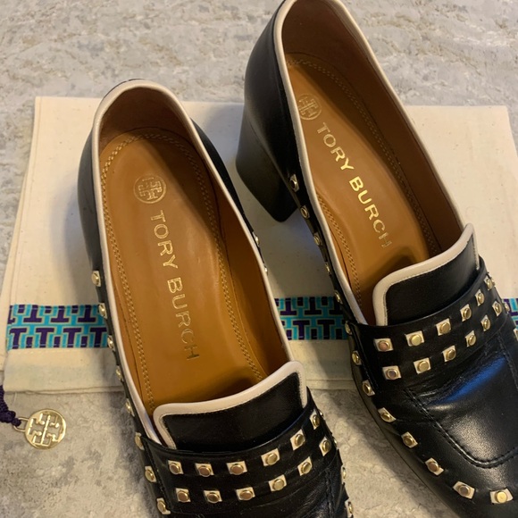 Tory Burch Black Studded Loafers with Gold Details - Picture 2 of 10